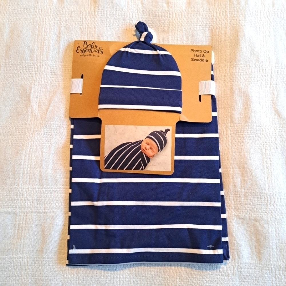 Baby Essentials blue & white striped baby swaddle, NEW